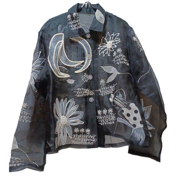 Sheer Black Embroidered Womens L Top Floral Art to Wear Boho Whimsigoth Indie - Picture 1 of 7